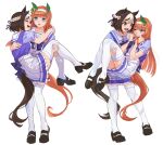  2girls animal_ears benikirin black_footwear blue_eyes blush brown_hair carrying closed_eyes closed_mouth eye_contact full_body hairband highres holding holding_hair horse_ears horse_girl horse_tail long_hair looking_at_another multicolored_hair multiple_girls multiple_views open_mouth orange_hair princess_carry puffy_short_sleeves puffy_sleeves purple_shirt school_uniform shirt shoes short_hair short_sleeves silence_suzuka_(umamusume) skirt smile special_week_(umamusume) tail thigh-highs tracen_school_uniform two-tone_hair umamusume violet_eyes white_skirt yuri 