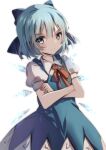 1girl bangs blue_dress blue_eyes blue_hair cirno collared_shirt dress fairy_wings flat_chest highres ice ice_wings long_dress natsume_suzuri neck_ribbon pinafore_dress puffy_short_sleeves puffy_sleeves red_ribbon ribbon shirt short_hair short_sleeves simple_background solo touhou white_background white_shirt wings