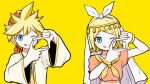  bangs blonde_hair bracelet brother_and_sister commentary_request cosmospice_(vocaloid) hair_ornament highres jacket jewelry kagamine_len kagamine_rin licking_lips looking_at_viewer midriff neckerchief necktie official_art one_eye_closed open_clothes open_jacket original pinocchio-p siblings simple_background tongue tongue_out traditional_clothes turban twins veil vocaloid yellow_background yellow_neckerchief yellow_necktie yellow_theme 