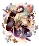  2girls arm_behind_back baggy_pants bangs belt black_hair black_pants black_shirt breasts bug butterfly butterfly_hair_ornament fighting_stance full_body hair_ornament high_collar highres kimetsu_no_yaiba kochou_shinobu leg_up lower_teeth medium_breasts mikuroron multicolored_hair multiple_girls open_mouth pants parted_bangs parted_lips purple_hair sandals shirt sidelocks smile sword teeth two-tone_hair uniform violet_eyes weapon wide_sleeves 