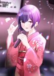  :d \m/ absurdres couch dark_blue_hair floral_print highres holding holding_microphone idolmaster idolmaster_shiny_colors indoors japanese_clothes karaoke kimono light_particles microphone morino_rinze music o_shiki obi pink_kimono red_eyes sash shiny shiny_clothes shiny_hair singing smile 