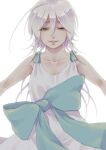  1girl blue_eyes bow breasts dress dress_bow highres long_hair looking_at_viewer nier nier_(series) simple_background smile solo white_background white_dress white_hair yonah 