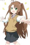  1girl :d absurdres bangs black_skirt brown_hair brown_sweater_vest collared_shirt commentary cowboy_shot cynical_(llcbluckg_c004) eyebrows_visible_through_hair green_eyes highres koshigaya_komari light_blush long_hair long_sleeves looking_at_viewer neck_ribbon non_non_biyori open_mouth outstretched_arms red_ribbon ribbon shirt simple_background skirt smile solo sparkle sweater_vest twitter_username white_background white_shirt 