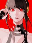  1girl bare_shoulders black_gloves black_hair collarbone earrings face fingerless_gloves gloves hairband hand_up highres jewelry looking_at_viewer miu_042 portrait red_background red_eyes solo spy_x_family yor_briar 