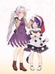  2girls :t absurdres animal_ears black_dress blue_hair boots brown_footwear capelet crossed_arms doremy_sweet dress english_commentary engrish_commentary feathered_wings full_body grey_hair hand_on_another&#039;s_head hat headpat highres kishin_sagume light_brown_jacket multicolored_clothes multicolored_dress multiple_girls nightcap pom_pom_(clothes) pout purple_dress red_headwear sakikagami single_wing standing tail tapir_ears tapir_tail touhou violet_eyes white_dress white_footwear white_wings wings 