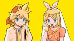  bangs blonde_hair bracelet brother_and_sister collarbone commentary_request cosmospice_(vocaloid) hair_ornament highres jacket jewelry kagamine_len kagamine_rin midriff neckerchief necklace necktie official_art open_clothes open_jacket open_mouth original pinocchio-p siblings simple_background traditional_clothes turban twins veil vocaloid yellow_background yellow_neckerchief yellow_necktie yellow_theme 