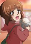  1girl :d bag bangs baozi blurry blurry_background boko_(girls_und_panzer) brown_eyes brown_hair carrying commentary depth_of_field food girls_und_panzer handbag holding holding_food hood hood_down hoodie kanau long_sleeves looking_at_viewer looking_back nishizumi_miho open_mouth red_hoodie short_hair smile solo 