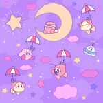  absurdres blue_eyes blush blush_stickers closed_eyes closed_mouth clouds commentary_request crescent_moon flat_color floating full_body fur-trimmed_headwear hat highres holding holding_umbrella kirby kirby_(series) lightning_bolt_symbol miwa_(ahyuck) moon night nightcap no_mouth noddy_(kirby) on_crescent one-eyed orange_headwear outdoors polka_dot_headwear pom_pom_(clothes) purple_background purple_sky sitting sleeping solid_circle_eyes star_(sky) star_(symbol) u_u ufo ufo_(kirby) umbrella violet_eyes waddle_dee waddle_doo 