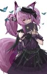  1girl animal_ear_fluff animal_ears arknights bangs book closed_mouth clothing_cutout commentary dress eyebrows_visible_through_hair hair_between_eyes hand_up highres holding holding_book looking_at_viewer open_book puffy_short_sleeves puffy_sleeves purple_dress purple_hair red_eyes shamare_(arknights) short_sleeves shoulder_cutout simple_background solo tail twintails white_background yuki_(nanao_yuki) 