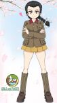  1girl black_hair boots braid braided_ponytail brown_footwear brown_jacket cherry_blossoms chi-hatan_(emblem) chi-hatan_military_uniform closed_mouth commentary copyright_name crossed_arms day emblem enoya-eno full_body girls_und_panzer hair_pulled_back hair_ribbon highres jacket knee_boots long_hair long_sleeves looking_at_viewer military military_uniform miniskirt outdoors petals pleated_skirt ribbon single_braid skirt smile solo tamada_tamaki tree uniform violet_eyes white_ribbon wind yellow_skirt zipper 