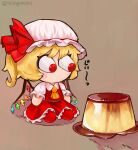  1girl blonde_hair bulging_eyes collared_dress dress eye_pop flandre_scarlet food frilled_skirt frills fumo_(doll) hat hat_ornament highres meme necktie pudding red_dress red_footwear short_sleeves simple_background skirt touhou vinyooki wings 