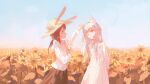  2girls ;o amiya_(arknights) animal_ear_fluff animal_ears arknights black_skirt blue_sky bow brown_headwear collared_dress collared_shirt commentary_request day dress dress_shirt ears_through_headwear field flower flower_field grey_eyes grey_hair hat hat_bow head_tilt highres long_hair long_sleeves multiple_girls one_eye_closed outdoors parted_lips profile red_bow rinllo rosmontis_(arknights) shirt skirt sky smile sunflower white_dress white_shirt yellow_flower 