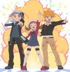  1girl 2boys alternate_color blue_oak brown_eyes brown_hair explosion flame_print highres jacket jewelry low_twintails lyra_(pokemon) multiple_boys necklace overalls pointing pointing_up pokemon pokemon_(game) pokemon_frlg pokemon_hgss pokemon_masters_ex pumpkinpan red_(pokemon) smile spiky_hair twintails 