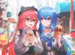  2girls absurdres blue_hair blurry blurry_background breasts choker cup disposable_cup drinking_straw eyebrows_visible_through_hair green_eyes hair_between_eyes handot_(d_yot_) hat highres holding holding_cup hololive hoshimachi_suisei long_hair long_sleeves looking_at_another multiple_girls open_mouth outdoors pink_hair sakura_miko smile teeth tongue upper_body virtual_youtuber 