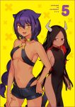  2girls bare_shoulders black_shorts braid breasts closed_mouth collarbone cover cover_page dark-skinned_female dark_skin eyebrows_visible_through_hair fang hair_flaps halter_top halterneck horns jahy jahy-sama_wa_kujikenai! konbu_wakame large_breasts looking_at_viewer manga_cover maou_(jahy) multicolored_hair multiple_girls navel o-ring o-ring_top official_art open_mouth pointy_ears red_eyes redhead short_shorts shorts single_braid smile yellow_eyes 