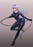  1girl bodysuit boots breasts covered_navel covered_nipples full_body grey_hair high_heel_boots high_heels impossible_bodysuit impossible_clothes latex long_hair nun original rindou_(radical_dream) shiny shiny_clothes skin_tight violet_eyes whip 