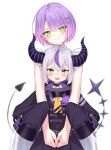  2girls :d absurdres aru3k blush commentary demon_horns demon_tail fang grey_hair highres hololive horns hug hug_from_behind la+_darknesss looking_at_viewer multiple_girls purple_hair size_difference skin_fang smile tail tokoyami_towa virtual_youtuber 