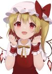  1girl :d bangs blonde_hair blush bow crystal eyebrows_visible_through_hair flandre_scarlet hair_between_eyes hands_up hat hat_bow highres kamachi_(kamati0maru) long_hair looking_at_viewer mob_cap one_side_up open_mouth puffy_short_sleeves puffy_sleeves red_bow red_eyes red_ribbon red_vest ribbon shirt short_sleeves simple_background smile solo touhou upper_body vest white_background white_headwear white_shirt wings wrist_cuffs 