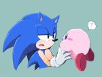  1boy ? animal_ears animal_nose aqua_background blue_eyes blue_fur blue_hair blush blush_stickers body_fur carrying commentary_request cropped_torso crossover eye_contact furry furry_male gloves green_eyes half-closed_eyes hand_up highres kirby kirby_(series) long_hair looking_at_another male_focus miwa_(ahyuck) open_mouth simple_background sketch solid_oval_eyes sonic_(series) sonic_the_hedgehog speech_bubble spiky_hair spoken_question_mark two-tone_fur upper_body white_gloves yellow_fur 