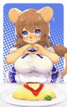  1girl animal_ears blue_background blue_eyes blue_skirt breasts brown_hair commentary_request eyebrows_visible_through_hair food furry furry_female heart heart_hands highres ketchup kishibe large_breasts long_hair looking_at_viewer omelet omurice original plate polka_dot polka_dot_background shirt short_hair skirt solo tail white_shirt 