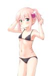  1girl armpit_peek bikini black_bikini blush breasts chiyoda_momo collarbone green_eyes highres kuramoto_takato looking_at_viewer machikado_mazoku navel open_mouth pink_hair ponytail scar shiny shiny_hair shiny_skin simple_background small_breasts solo standing swimsuit white_background 