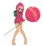  1girl :o back bangs bare_legs barefoot benzbt blush brown_eyes candy cookie_run drawstring food holding holding_candy holding_food holding_lollipop hood hood_up hoodie knees_together_feet_apart lollipop long_sleeves no_pants oversized_food pink_hair pom_pom_(clothes) signature solo strawberry_cookie tan 