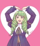  1girl adelnath artist_name black_dress dress drill_hair eyebrows_behind_hair fire_emblem fire_emblem:_three_houses flayn_(fire_emblem) green_eyes green_hair hair_ornament heart heart_arms heart_hair_ornament highres open_mouth signature smile solo twin_drills 