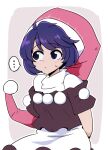  ... 1girl arms_behind_back black_shirt blue_eyes blue_hair closed_mouth commentary_request doremy_sweet dress hat nightcap off-shoulder_shirt off_shoulder pink_headwear pom_pom_(clothes) shio_(futatsumami) shirt short_hair short_sleeves solo sweatdrop touhou turtleneck upper_body white_dress 