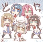  5girls :&gt; ahoge aizawa_kazuha aqua_eyes arm_across_waist arm_at_side arm_behind_head arm_on_knee artist_name assault_lily bangs black_legwear blue_background blue_eyes blue_hair blue_skirt blush bow bowtie brown_hair buttons chibi commentary_request emphasis_lines eyebrows_visible_through_hair fujii_ayaka green_eyes grey_eyes grey_hair grey_legwear hair_between_eyes hair_bow hair_ornament hand_on_own_face hand_up hands_up hatsukano_you herensuge_girls_academy_school_uniform high-waist_skirt iijima_renka ishitobi_erika jacket knee_up light_brown_hair long_hair long_sleeves looking_at_viewer low_ponytail mimura_haruka miniskirt multicolored_hair multiple_girls natsume_aimi no_pupils nonaka_mio open_clothes open_jacket outstretched_arm oversized_clothes pantyhose parted_lips photo-referenced pink_hair ponytail pose red_bow red_bowtie red_legwear sasaki_ran school_uniform serizawa_chikaru short_hair side_ponytail sidelocks sitting skirt sleeves_past_fingers sleeves_past_wrists smile standing star_(symbol) star_hair_ornament streaked_hair tanin050 thigh-highs translated triangle_mouth two-tone_background voice_actor_connection white_background white_jacket yellow_eyes zettai_ryouiki 