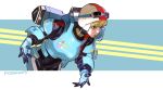 apex_legends armor artist_name black_bodysuit blonde_hair blue_eyes blue_gloves bodysuit gloves goggles goggles_on_headwear helmet highres leaning_forward looking_ahead official_alternate_costume passimo wattson_(apex_legends) white_headwear wired_for_speed_wattson 
