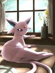  commentary_request curtains espeon flower highres indoors itsudzumi lens_flare looking_at_viewer lying no_humans pokemon pokemon_(creature) solo violet_eyes window yellow_flower 