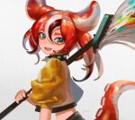  1girl blue_eyes collar hakos_baelz handot_(d_yot_) highres hololive hololive_english looking_back midriff octobrush_(splatoon) octoling over_shoulder redhead signature spiked_collar spikes splatoon_(series) tentacle_hair tentacles virtual_youtuber weapon weapon_over_shoulder 