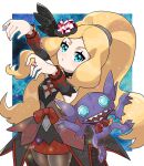  1girl arms_up blonde_hair blue_eyes blush border brown_legwear caitlin_(pokemon) commentary_request detached_sleeves dress eyelashes fu_(tk1189227dhy) hair_ornament jewelry long_hair official_alternate_costume outside_border pantyhose parted_lips pokemon pokemon_(creature) pokemon_(game) pokemon_masters_ex ponytail red_ribbon ribbon ring sableye sidelocks white_border 