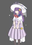  1girl adapted_costume blue_bow blush_stickers bow bowtie capelet chestnut_mouth citrus_(place) commentary crescent crescent_hair_ornament dress feet_out_of_frame grey_bow hair_between_eyes hair_bow hair_ornament hat hat_bow highres holding holding_wand long_hair looking_afar patchouli_knowledge purple_dress purple_hair red_bow red_bowtie sidelocks solo star_(symbol) striped striped_dress touhou vertical-striped_dress vertical_stripes violet_eyes wand white_capelet white_headwear witch_hat 