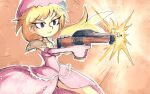  annie_(wild_guns) blonde_hair brown_eyes closed_mouth dress firing gloves gun hair_ornament hat long_gloves long_hair orange_background pink_dress pink_gloves pink_hat setz shoulder_pads wild_guns 