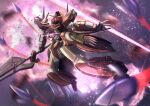  absurdres explosion flying funnels_(gundam) gundam gundam_00 gundam_throne_zwei highres holding holding_polearm holding_weapon lance mecha mobile_suit no_humans open_hand polearm propro13 red_eyes science_fiction solo space v-fin weapon 
