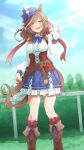  1girl absurdres belt_pouch blurry blurry_background blush boots breasts brown_eyes brown_hair clouds commentary_request fence hair_ornament hairclip highres looking_at_viewer matikane_tannhauser_(umamusume) medium_breasts medium_hair open_mouth pouch sky solo tokufumi umamusume 