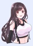  1girl absurdres bare_shoulders black_hair breasts brown_hair crop_top detached_sleeves earrings final_fantasy final_fantasy_vii final_fantasy_vii_remake highres jewelry kt9_ct large_breasts long_hair looking_at_viewer midriff navel open_mouth red_eyes solo suspenders tank_top tifa_lockhart upper_body white_tank_top 