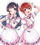  2girls alternate_costume apron bangs black_hair blue_eyes blush bow bowtie buttons clenched_hand commentary_request dot_nose dress enmaided eyebrows_visible_through_hair finger_in_own_mouth frilled_dress frilled_sleeves frills hand_on_hip hand_up highres idolmaster idolmaster_million_live! idolmaster_million_live!_theater_days index_finger_raised julia_(idolmaster) long_hair looking_at_viewer maid maid_apron maid_headdress mogami_shizuka multiple_girls one_eye_closed open_mouth pink_bow pink_bowtie pink_dress pomikoroonigiri puffy_short_sleeves puffy_sleeves redhead shirt short_hair short_sleeves smile sweat teeth upper_teeth v waist_apron white_background white_shirt wing_collar wrist_cuffs 