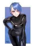  1girl absurdres blue_hair blush bodysuit borrowed_character brown_eyes commission highres kilye_kairi latex latex_bodysuit looking_at_viewer nose_piercing original piercing short_hair skeb_commission smile solo 