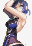  1girl aqua_eyes armpits arms_up bare_back black_leotard blue_leotard bodysuit breasts cowboy_shot dice earrings fishnets genshin_impact hand_on_own_head highres jewelry kein_hasegawa large_breasts leotard looking_at_viewer short_hair sideboob signature simple_background solo teeth white_background yelan_(genshin_impact) 