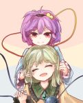  2girls :d bad_id bad_pixiv_id black_hairband blouse blue_shirt blush cheek_pull closed_eyes closed_mouth commentary eyebrows_visible_through_hair frilled_shirt_collar frilled_sleeves frills green_hair hair_between_eyes hair_ornament hairband hands_on_another&#039;s_cheeks hands_on_another&#039;s_face happy head_on_head head_rest heads_together heart heart_hair_ornament highres komeiji_koishi komeiji_satori long_sleeves looking_at_another looking_down medium_hair multiple_girls no_hat no_headwear open_mouth purple_hair red_eyes saltlaver shirt short_hair siblings simple_background sisters smile split_mouth third_eye touhou wide_sleeves yellow_shirt 