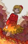  1girl absurdres aki_shizuha autumn_leaves bangs blonde_hair buttons closed_mouth collared_shirt dress dutch_angle gradient_skirt hair_ornament highres leaf leaf_hair_ornament leaf_on_head long_sleeves looking_ahead neruzou orange_dress orange_eyes red_shirt shirt short_hair solo standing touhou white_background 