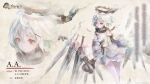  1girl a.a._(mementomori) bangs commentary_request cuffs dress expressionless halo medium_hair mementomori official_art red_eyes shackles solo translation_request white_dress white_hair zoom_layer 