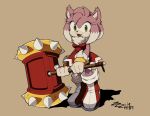  1girl :d amy_rose animal_nose artist_name boots bracelet breasts claws dress fangs full_body furry furry_female green_eyes hammer highres holding holding_hammer jewelry looking_at_viewer red_dress simple_background smile solo sonic_(series) sonic_world_adventure zzzh1n 