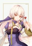  1girl atoatto bangs breasts candy closed_mouth detached_collar dress eyebrows_visible_through_hair fire_emblem fire_emblem:_three_houses food hair_ornament holding jewelry lollipop long_hair long_sleeves looking_at_viewer lysithea_von_ordelia pink_eyes purple_dress simple_background small_breasts smile solo sweets upper_body veil white_background white_hair white_sleeves 