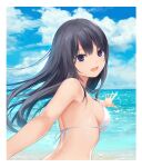  1girl :d bangs bikini black_hair blue_eyes blue_sky border breasts clouds coffee-kizoku day eyebrows_visible_through_hair from_behind highres long_hair looking_at_viewer looking_back medium_breasts ocean open_mouth original outstretched_arms shiramine_rika sideboob sky smile solo strap_gap swimsuit upper_body water white_bikini white_border 