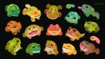  animal animal_focus artist_name black_background black_eyes closed_mouth commentary english_commentary frog green_eyes heart horned_frog looking_at_viewer no_humans one_eye_closed open_mouth original pikaole red_eyes simple_background smile tadpole tongue tongue_out watermark 