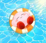  1boy afloat blue_background blush closed_eyes closed_mouth commentary_request cute day from_above full_body hal_laboratory_inc. happy highres innertube kirby kirby_(series) light_rays lying miwa_(ahyuck) nintendo no_humans on_back outdoors pink_puff_ball smile solo sunlight water 