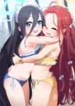  2girls ^_^ ^o^ alternate_costume arisu_(blue_archive) ass bangs bikini black_hair blue_archive blue_eyes bow closed_eyes commentary_request cowboy_shot dorontabi eyebrows_visible_through_hair forehead frilled_bikini frills from_side hair_between_eyes hair_bow halo highres long_hair looking_at_viewer maid_headdress midriff multiple_girls navel open_mouth parted_bangs redhead side-tie_bikini sidelocks swimsuit yuzu_(blue_archive) 